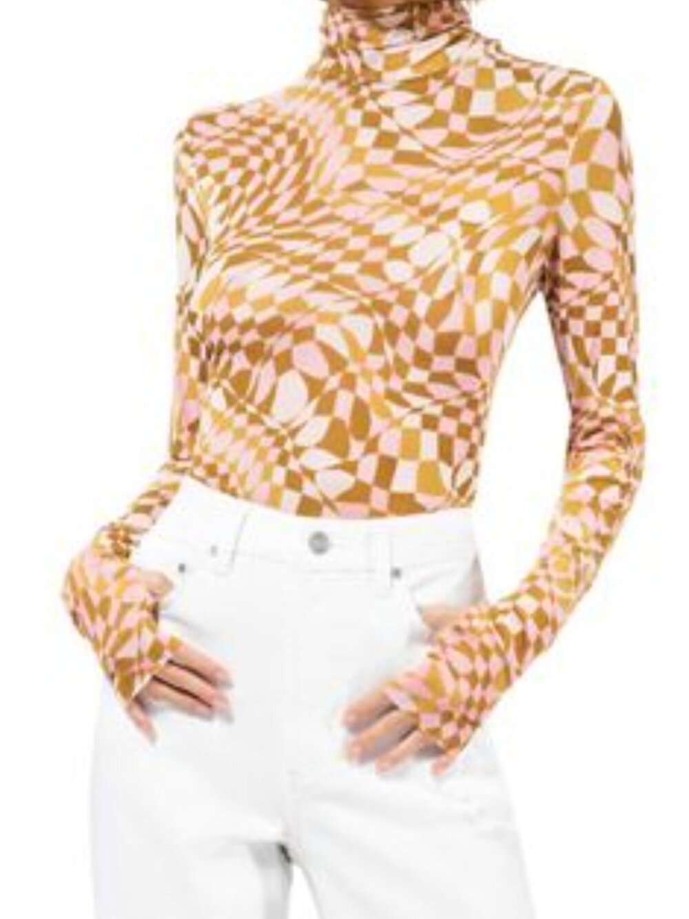 AFRM Zadie Sheer Mesh Optic Geometric Long Sleeve Thumbhole Turtleneck Small
